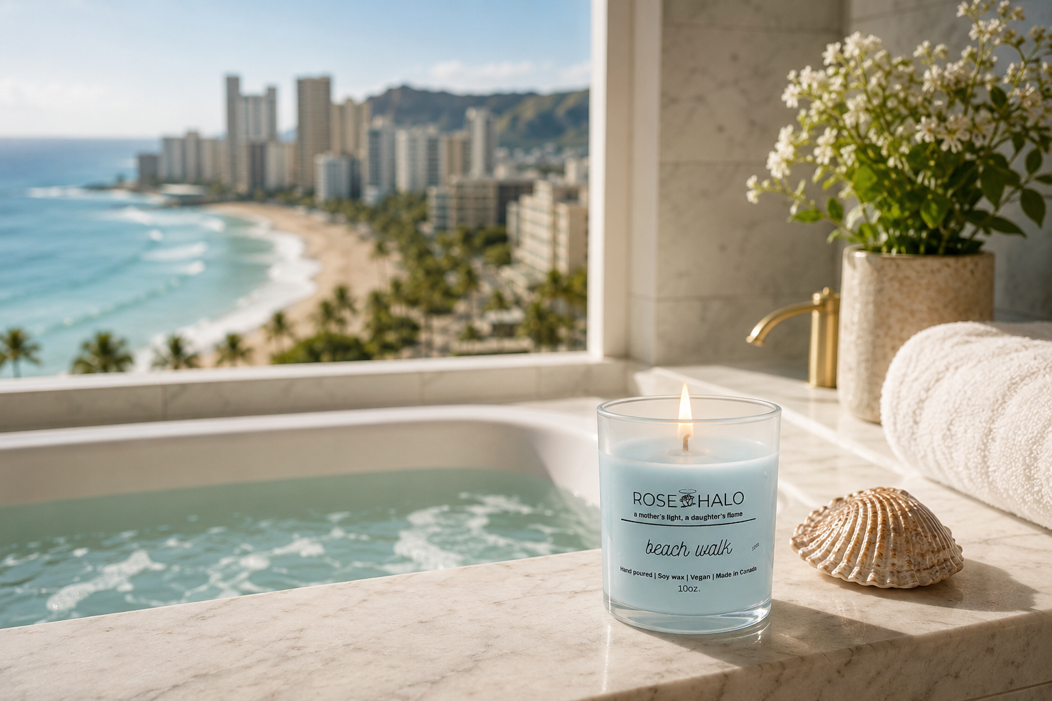 A lit scented candle in a bathroom jacuzzi overlooking the beach