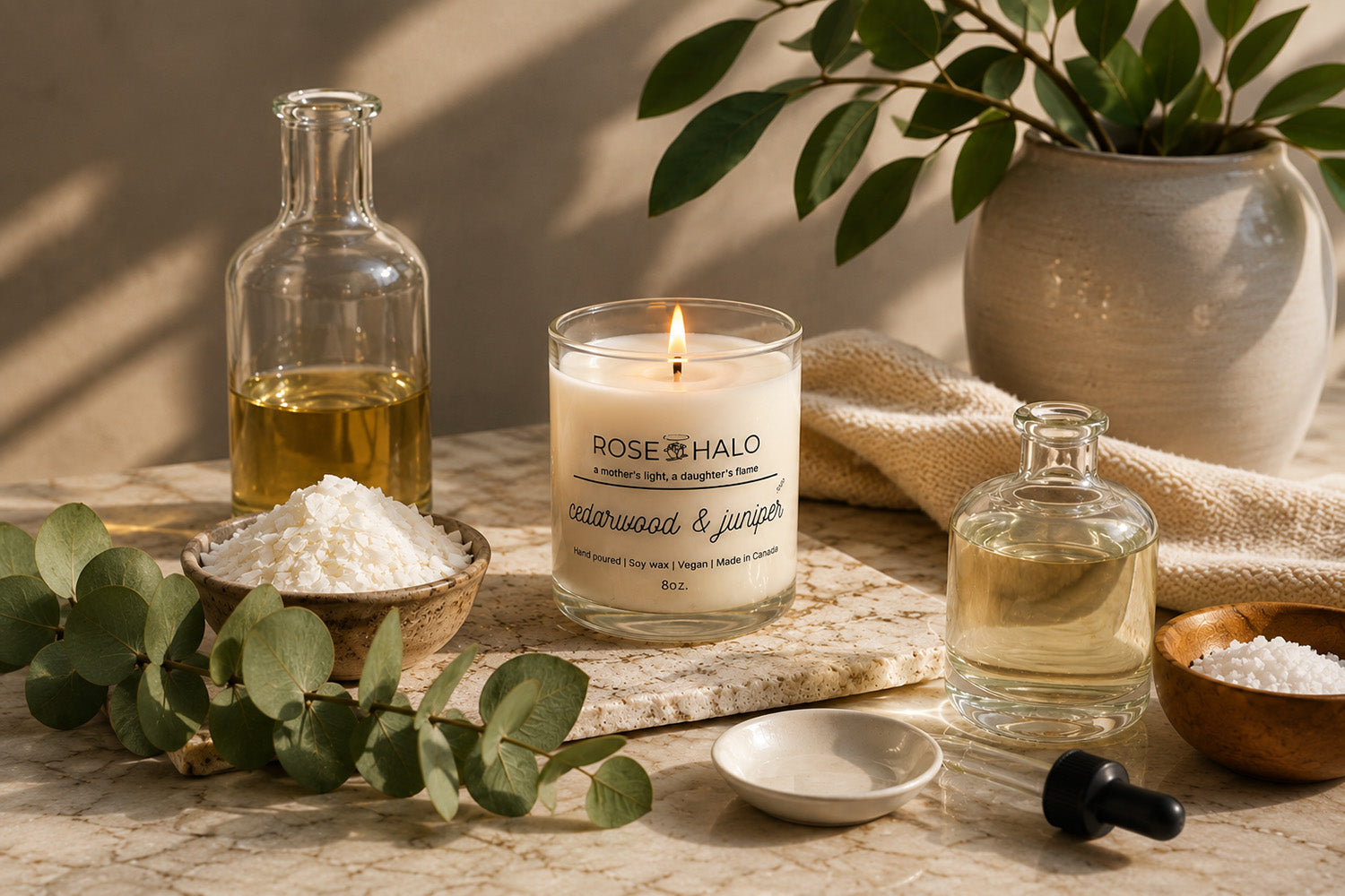 Rose Halo Cedarwood & Juniper soy candle surrounded by soy wax flakes, fragrance oils, and eucalyptus on a marble surface.
