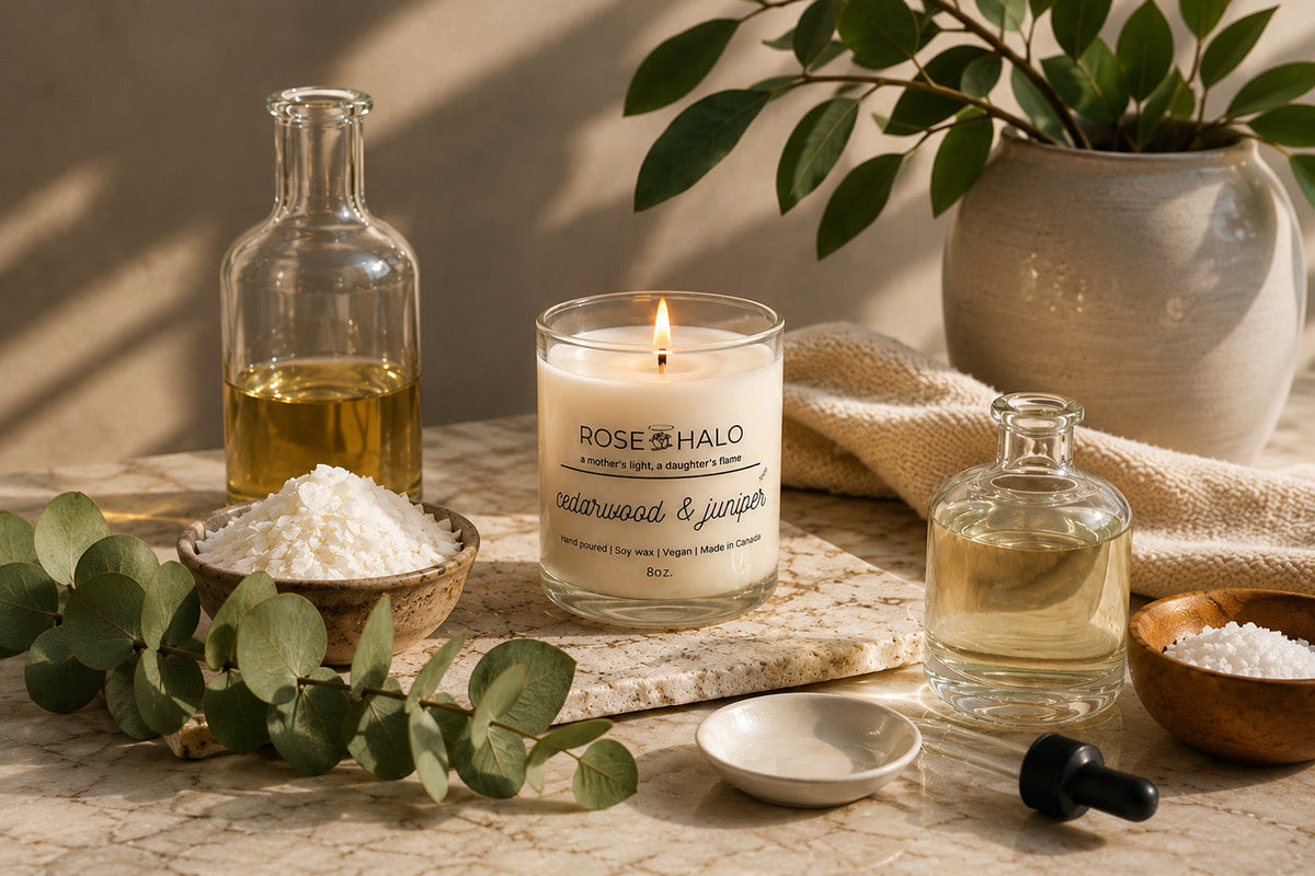 Rose Halo Cedarwood & Juniper soy candle surrounded by soy wax flakes, fragrance oils, and eucalyptus on a marble surface.