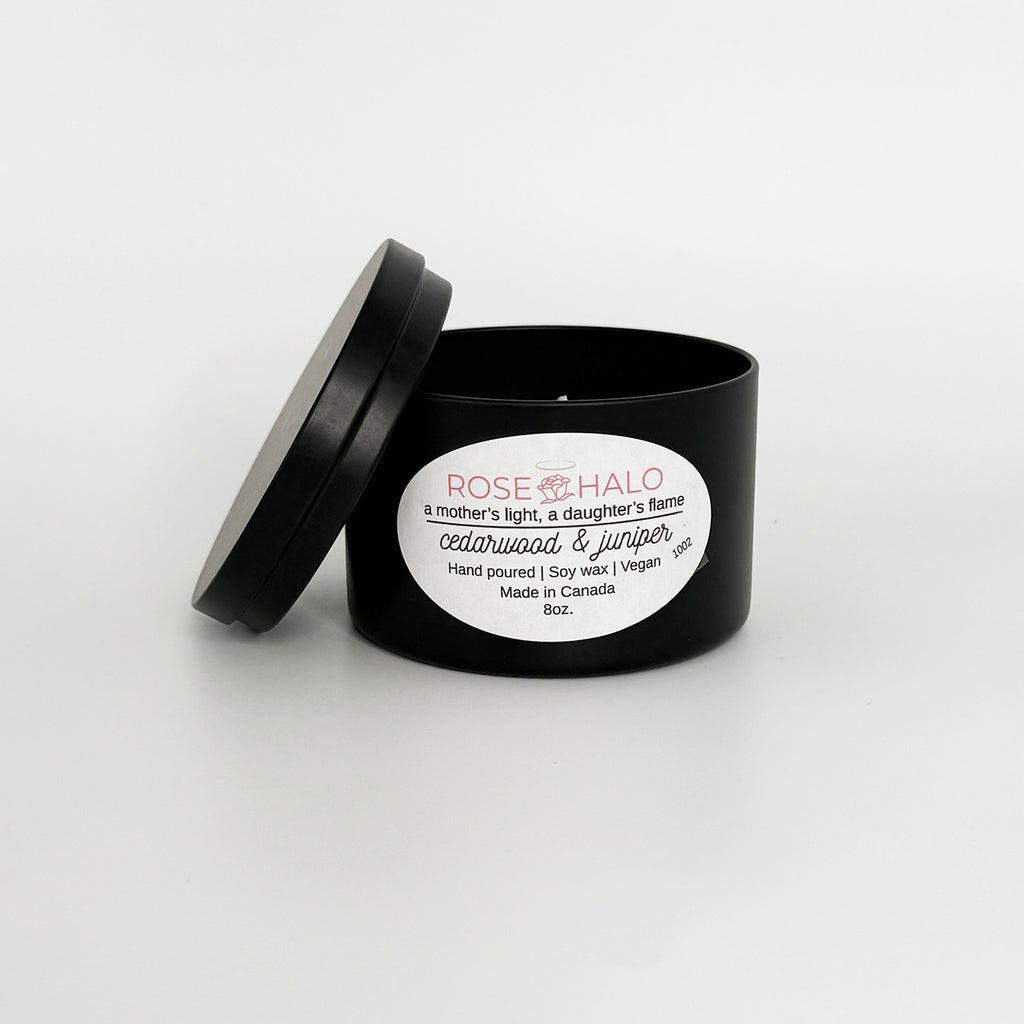 Cedarwood & Juniper Candle – 8 oz Black Metal Tin