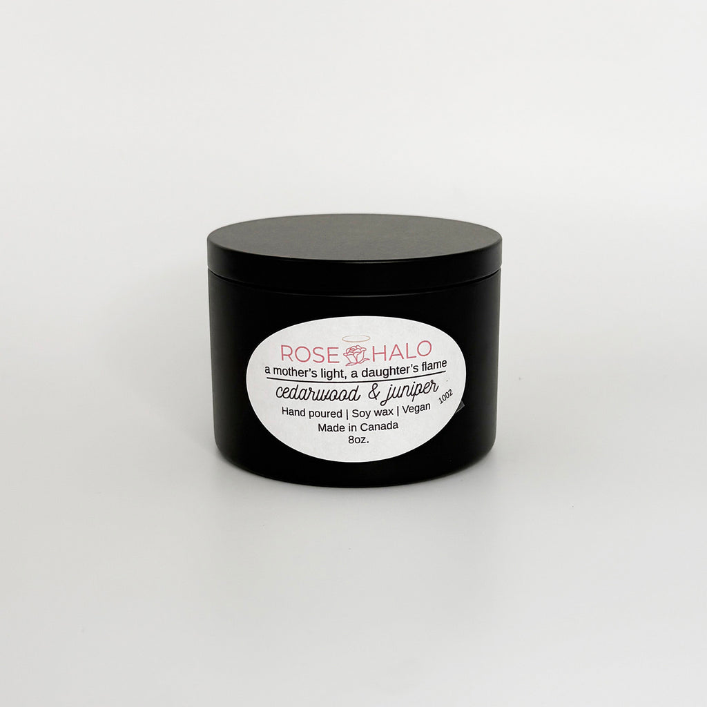 Cedarwood & Juniper Candle – 8 oz Black Metal Tin