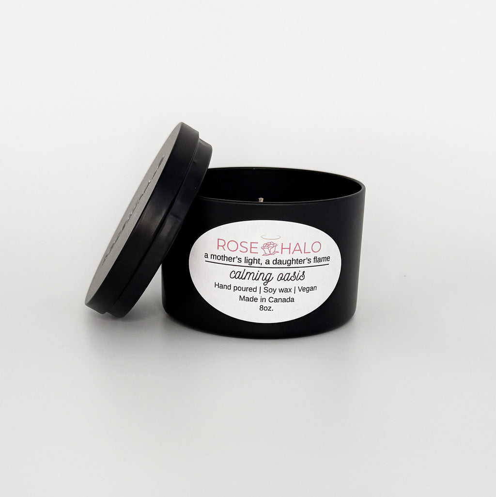 Calming Oasis Candle – 8 oz Black Metal Tin