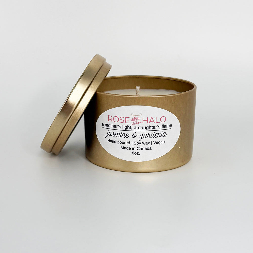 Jasmine & Gardenia Candle – 8 oz Gold Metal Tin