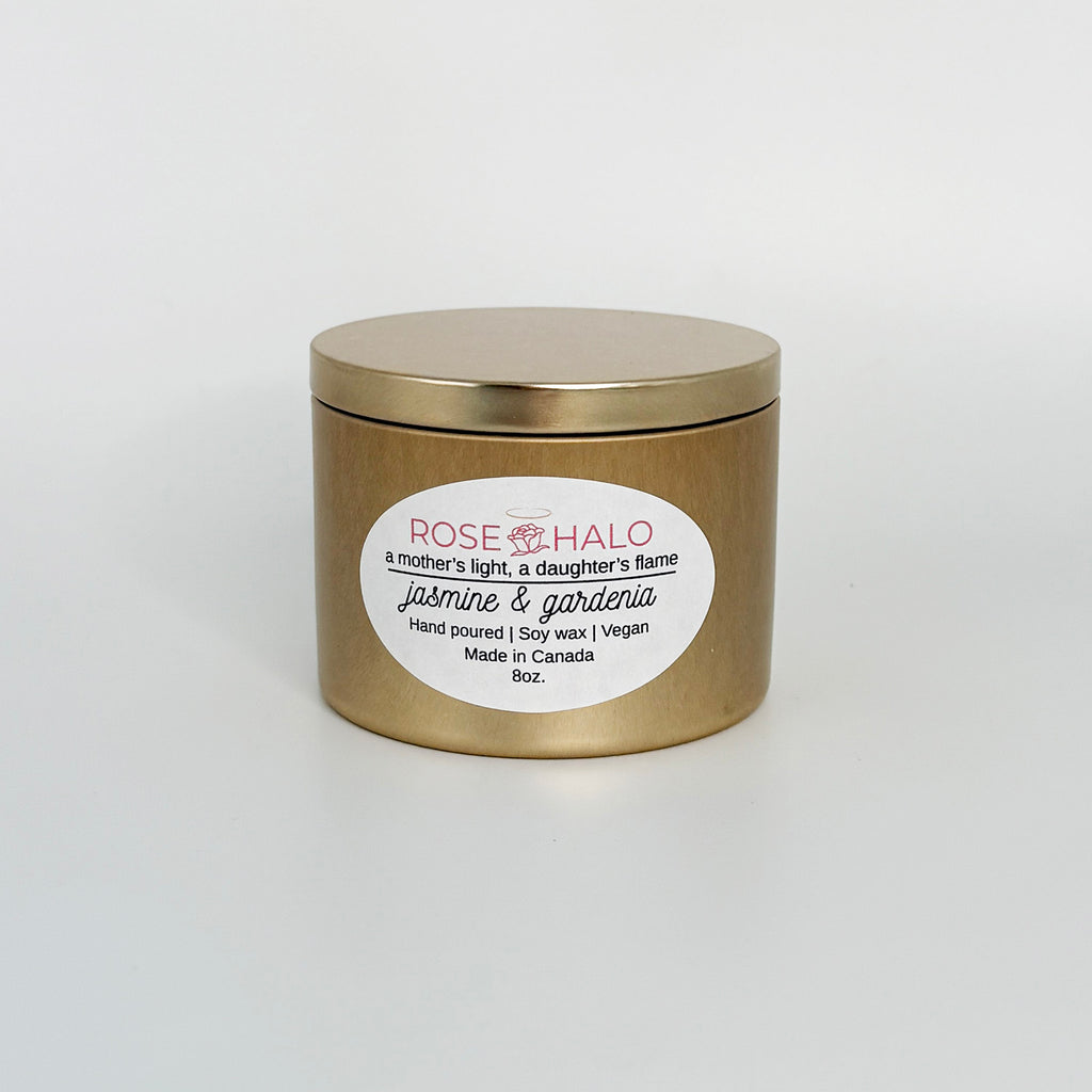 Jasmine & Gardenia Candle – 8 oz Gold Metal Tin