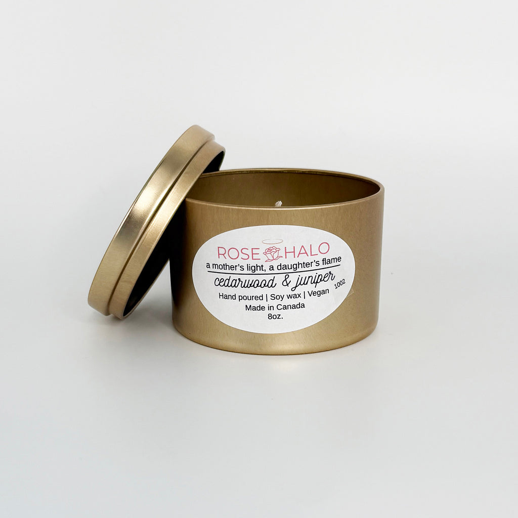 Cedarwood & Juniper Candle – 8 oz Gold Metal Tin