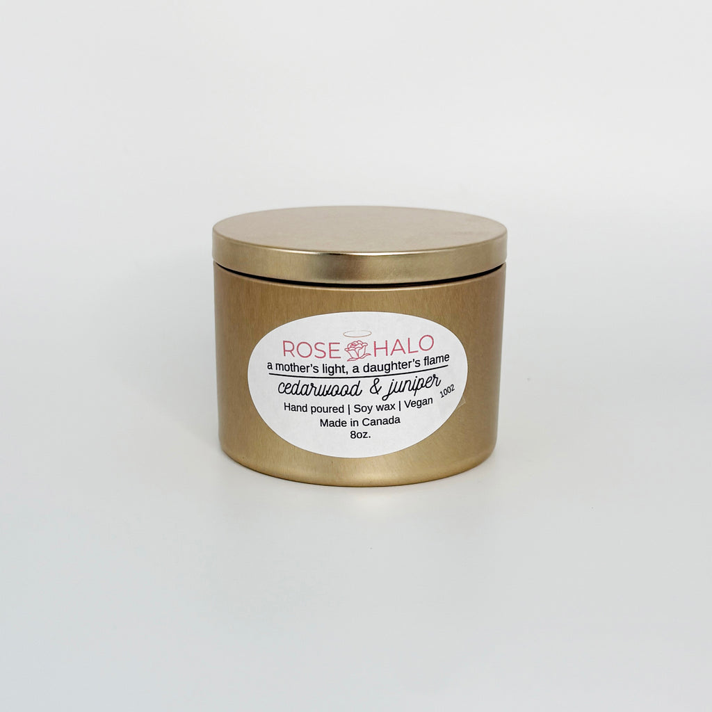 Cedarwood & Juniper Candle – 8 oz Gold Metal Tin