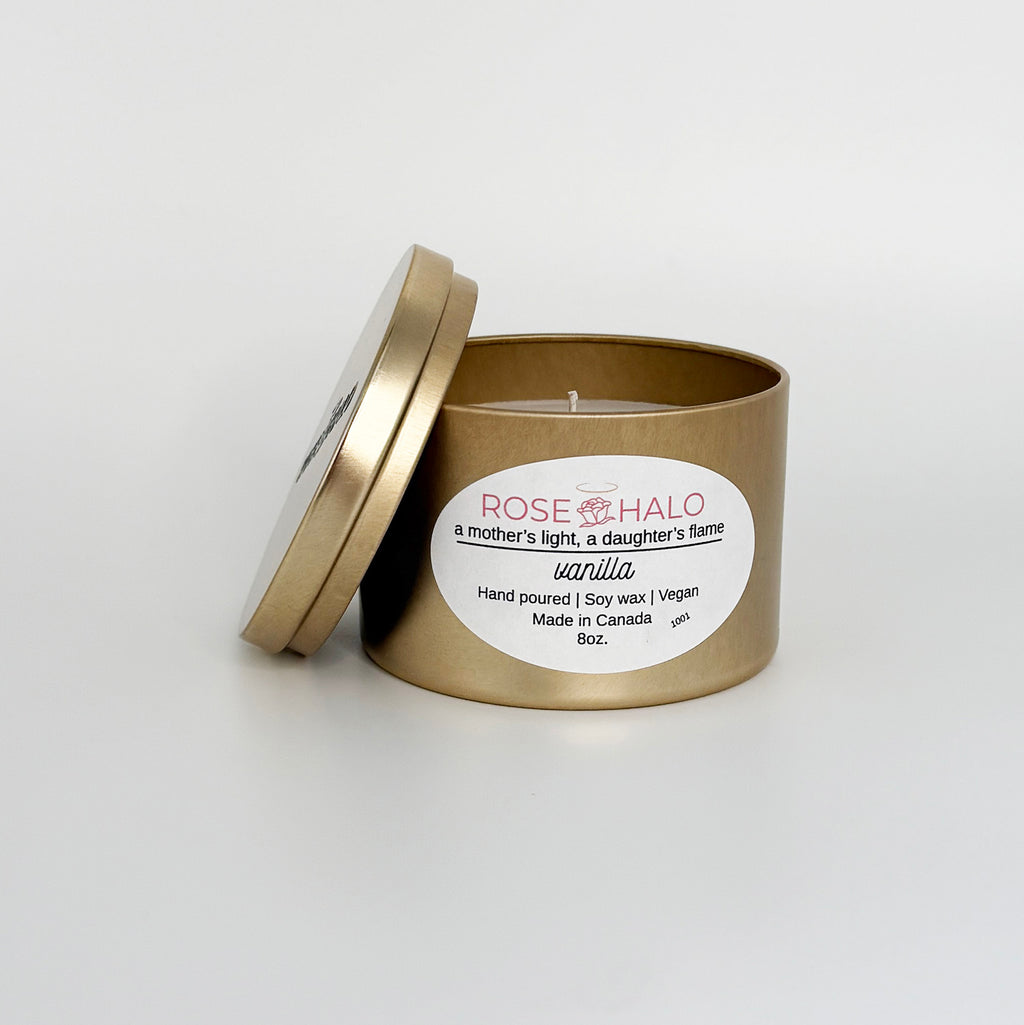Vanilla Candle – 8 oz Gold Metal Tin