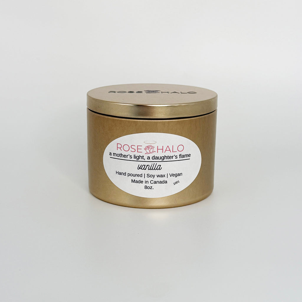 Vanilla Candle – 8 oz Gold Metal Tin